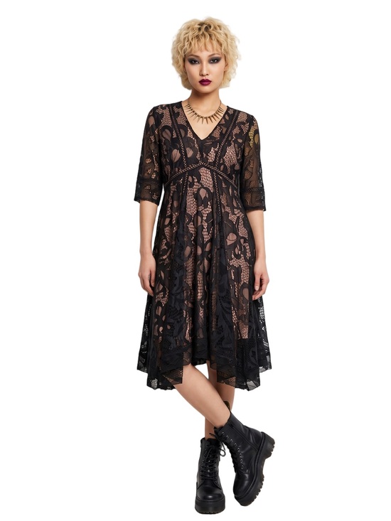 Taylor Dresses & Skirts - TAYLOR Black Lace Vneck short sleeve Fit and flare midi dress Pink lining SIze 6